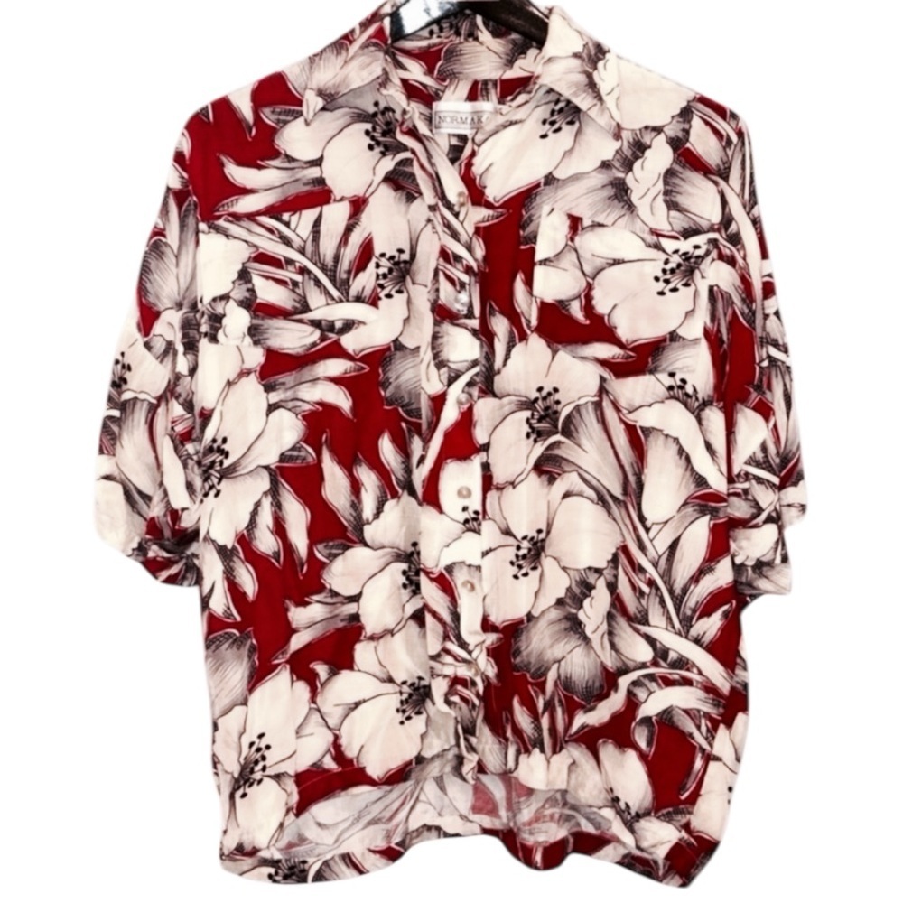 Vintage Norma Kamali Red‎ and Cream Floral Blouse Small